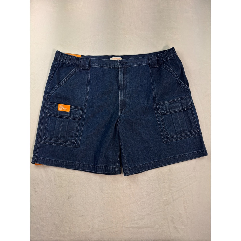 Savane Mens Denim Hiking Cargo Shorts Blue Tech Pocket Elastic Waist Size 44 NWT